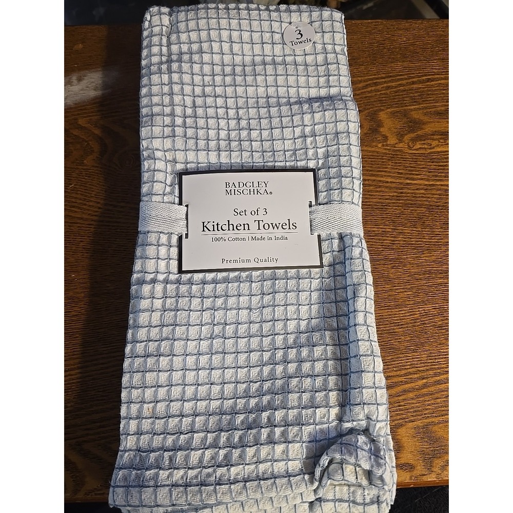 BADGLEY MISCHKA KITCHEN TOWELS (3) BLUE WHITE  COTTON POLYESTER NWT‎
